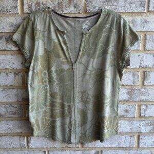Pilcro Short Sleeve V-Neck Olive Green Floral Cotton Blend T-Shirt Size S
